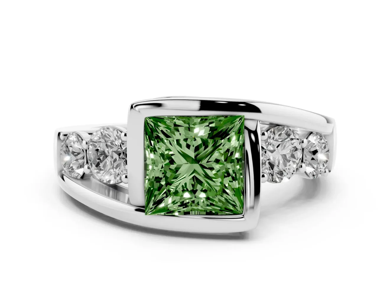 Fancy Green Princess Cut Diamond Bezel Bypass Ring Set in White gold with Round Accents
