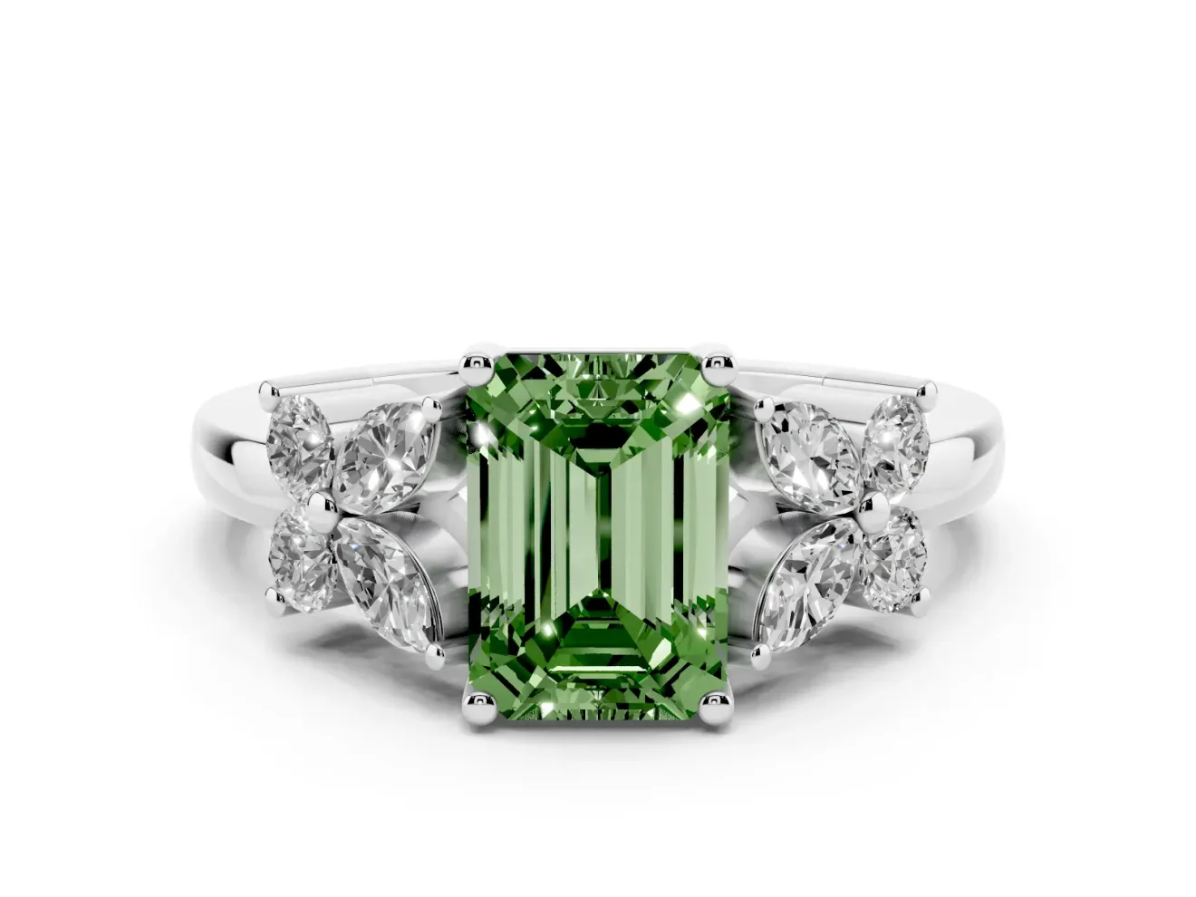 Fancy Green Emerald Cut Diamond Floral Cluster Ring Set in Platinum with Marquise Petals and Prong Setting