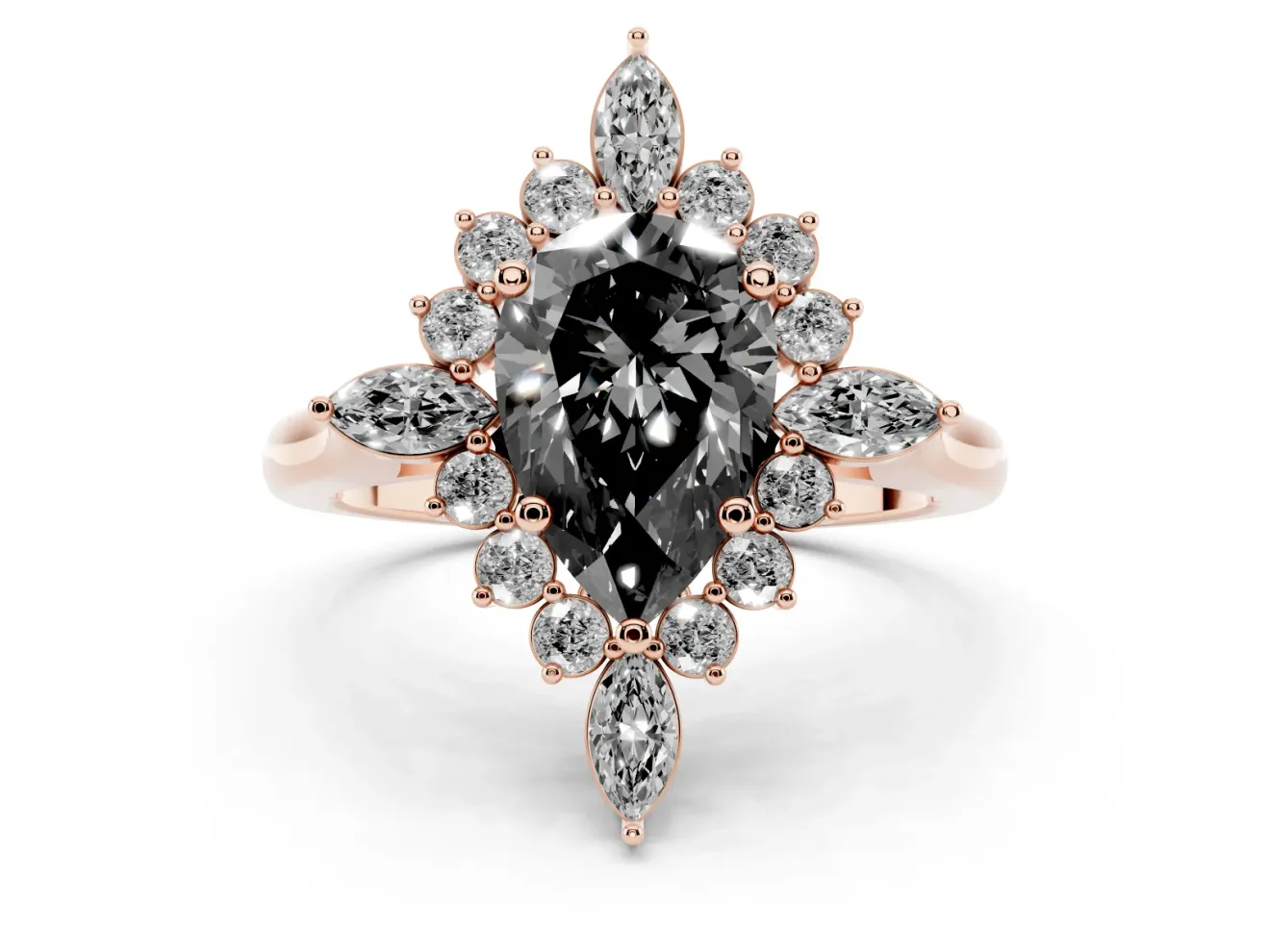 Pear-Shaped Cluster Halo Engagement Ring Setting for a Black Center | Rose Gold