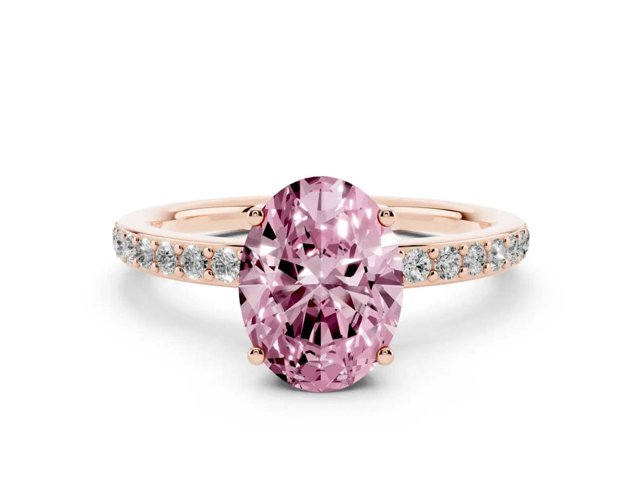 Fancy Pink Oval Cut Diamond Pavé Band Ring Set in Rose gold with Prong-Set Center Stone