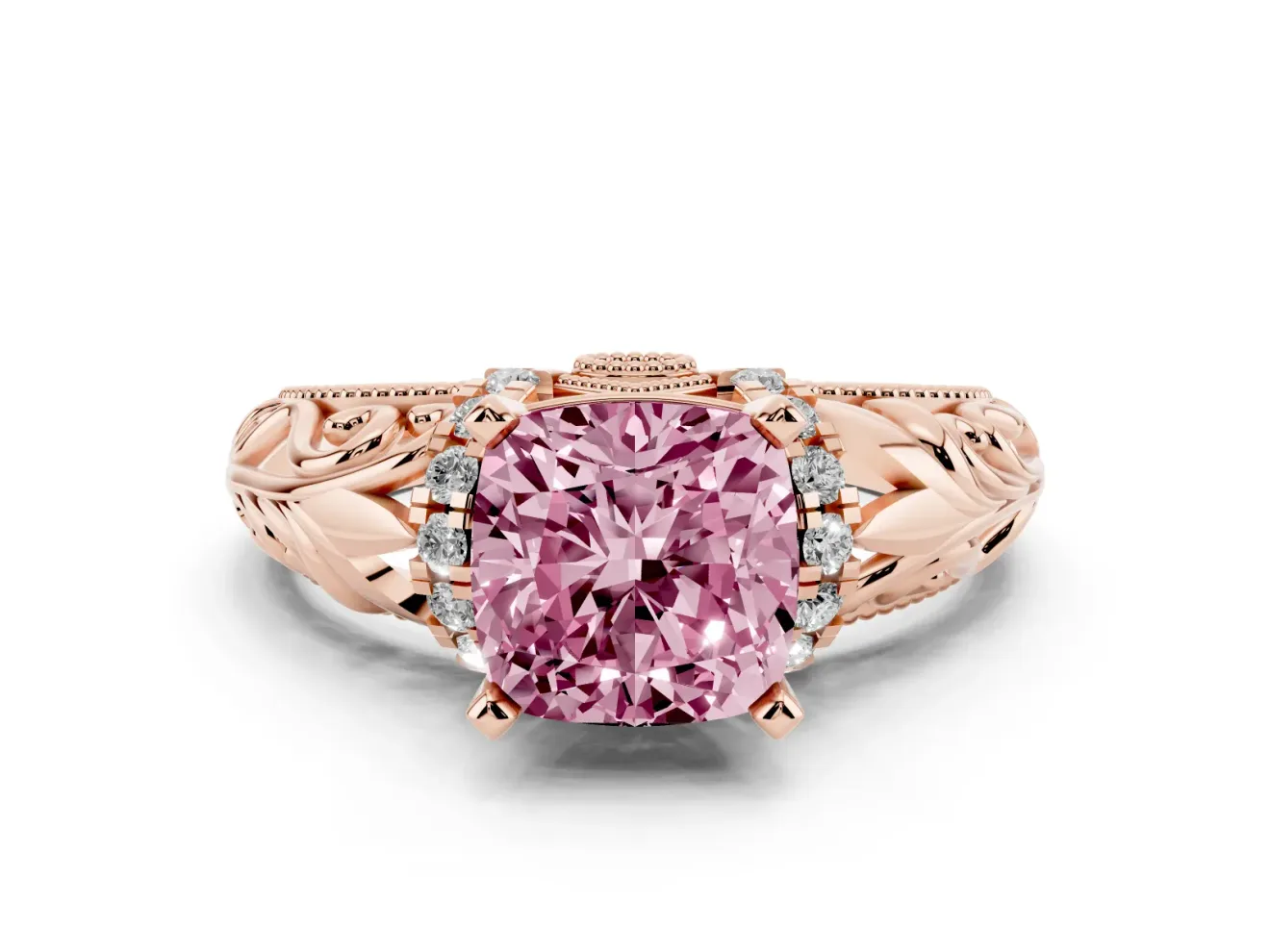 Fancy Pink Cushion Cut Diamond Filigree Halo Engagement Ring Set in Rose gold with Prong Setting