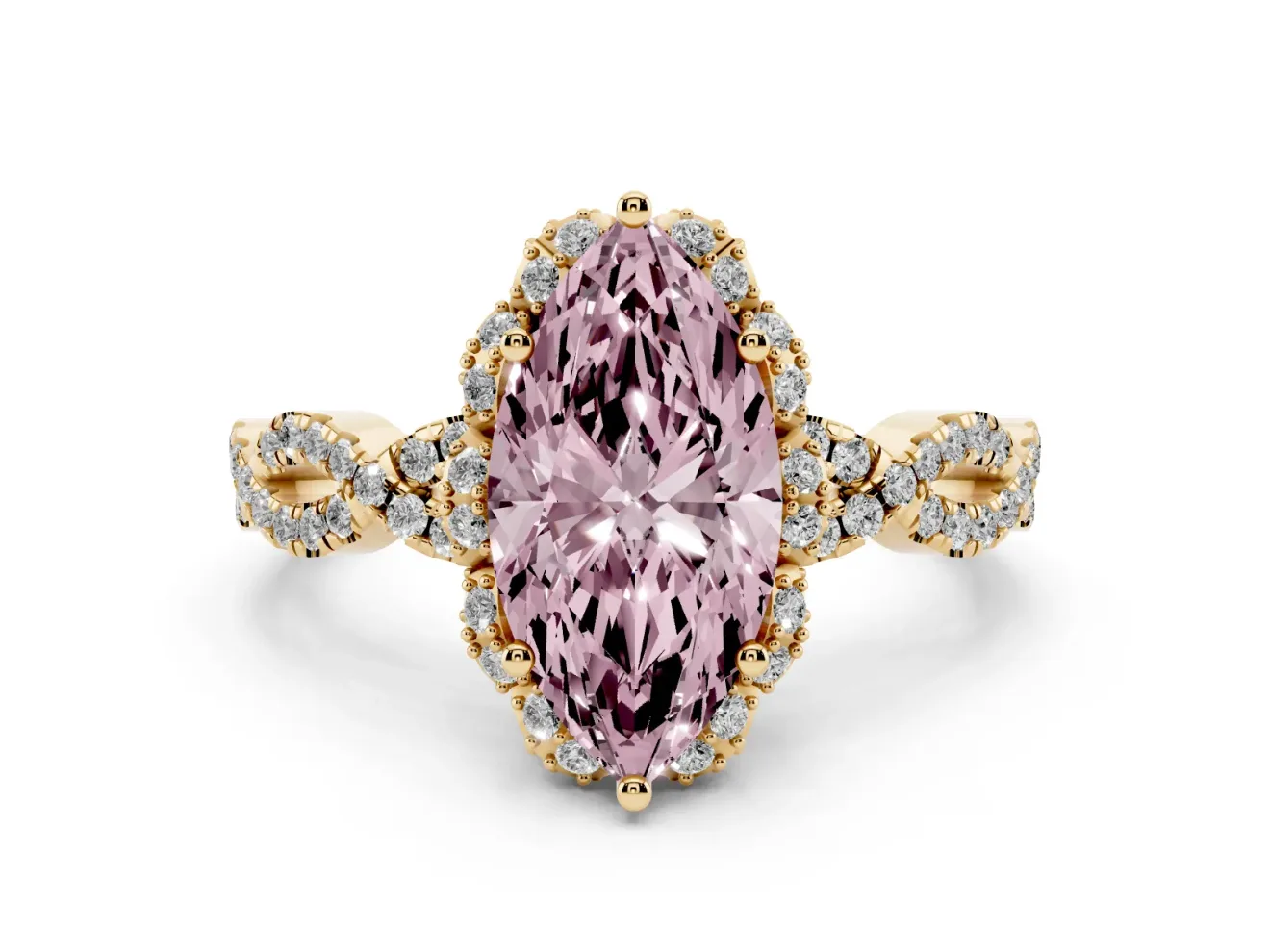 Marquise Milgrain Halo Engagement Ring Setting for a Fancy Pink Lab-Grown Diamond | Graduated Shoulders | Yellow Gold