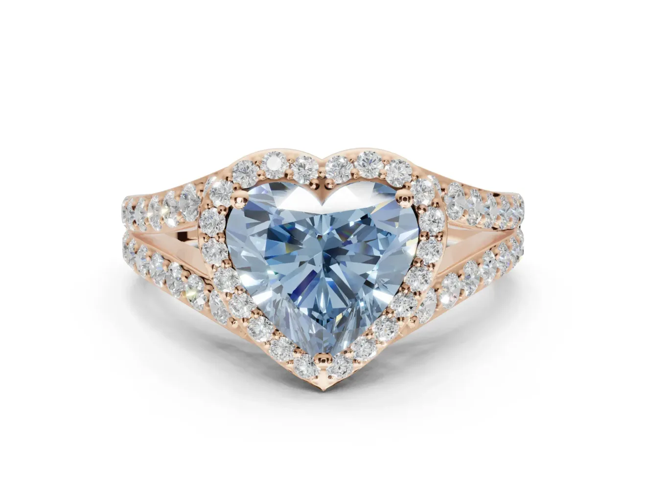 Heart-Shaped Halo Pavé Engagement Ring Setting for a Fancy Blue Lab-Grown Diamond | Narrow Split Shank | Rose Gold
