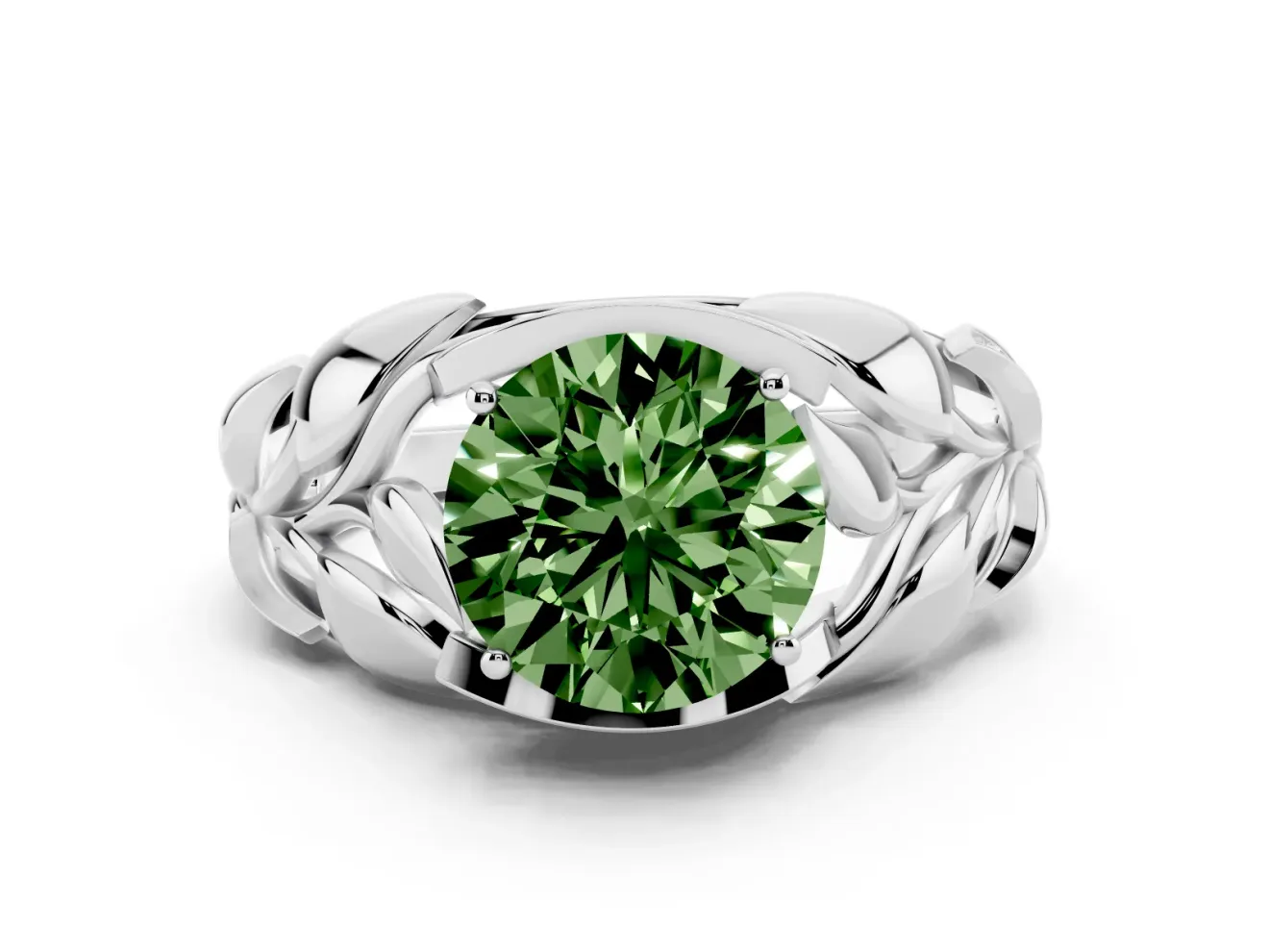 Fancy Green Round Cut Diamond Leaf-Inspired Engagement Ring Set in White gold with Round Accents