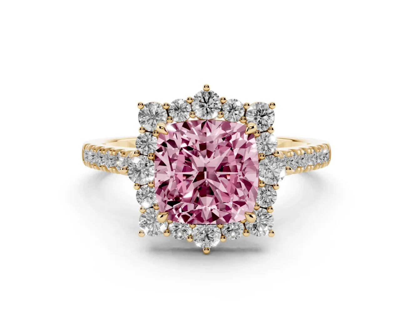 Cushion Cut Scalloped Halo Engagement Ring Setting for a Fancy Pink Lab-Grown Diamond | Single Row Pave | Yellow Gold