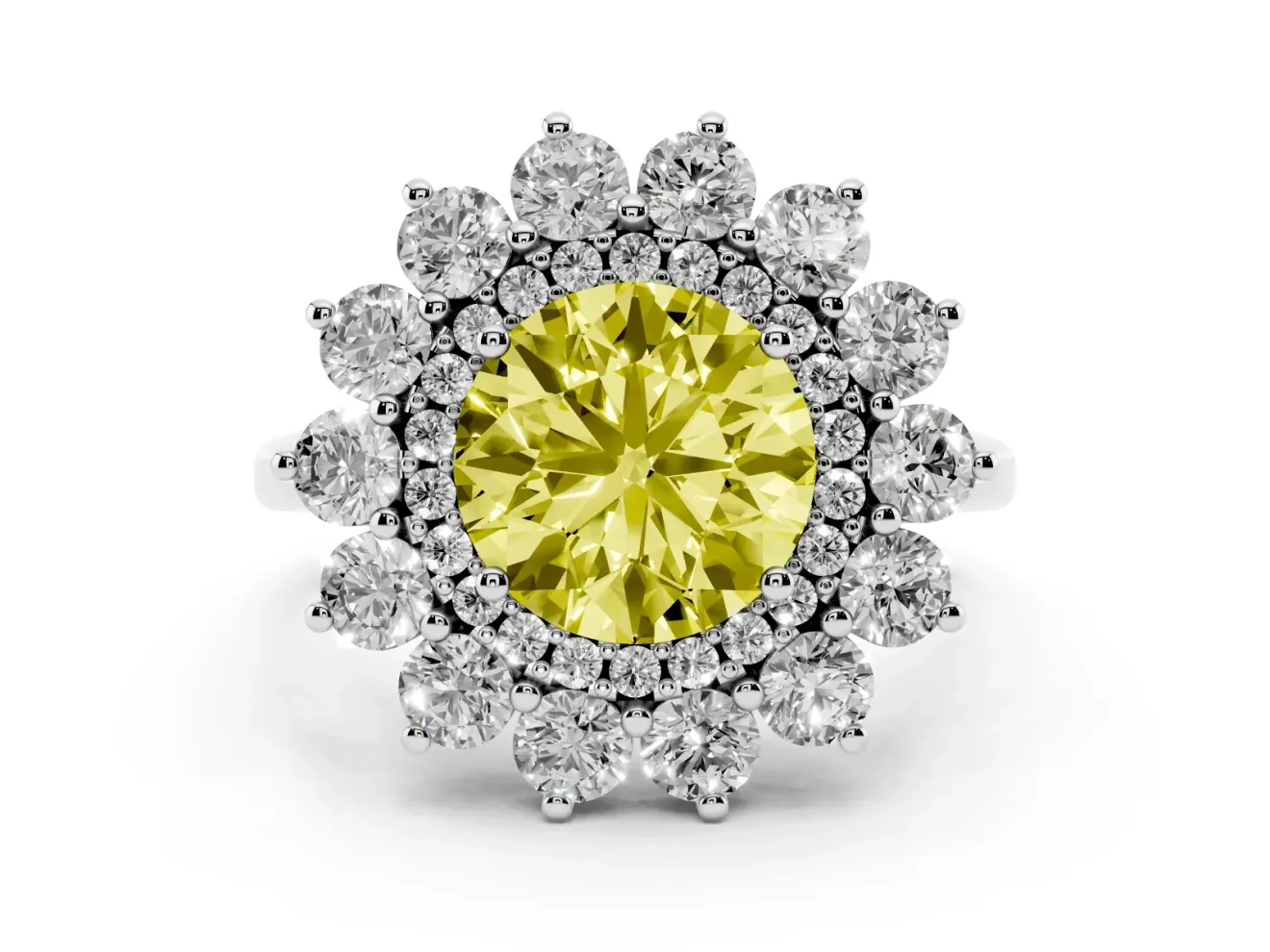 Round Floral Double Halo Engagement Ring Setting for a Fancy Yellow Lab-Grown Diamond | Plain Band | Sterling Silver