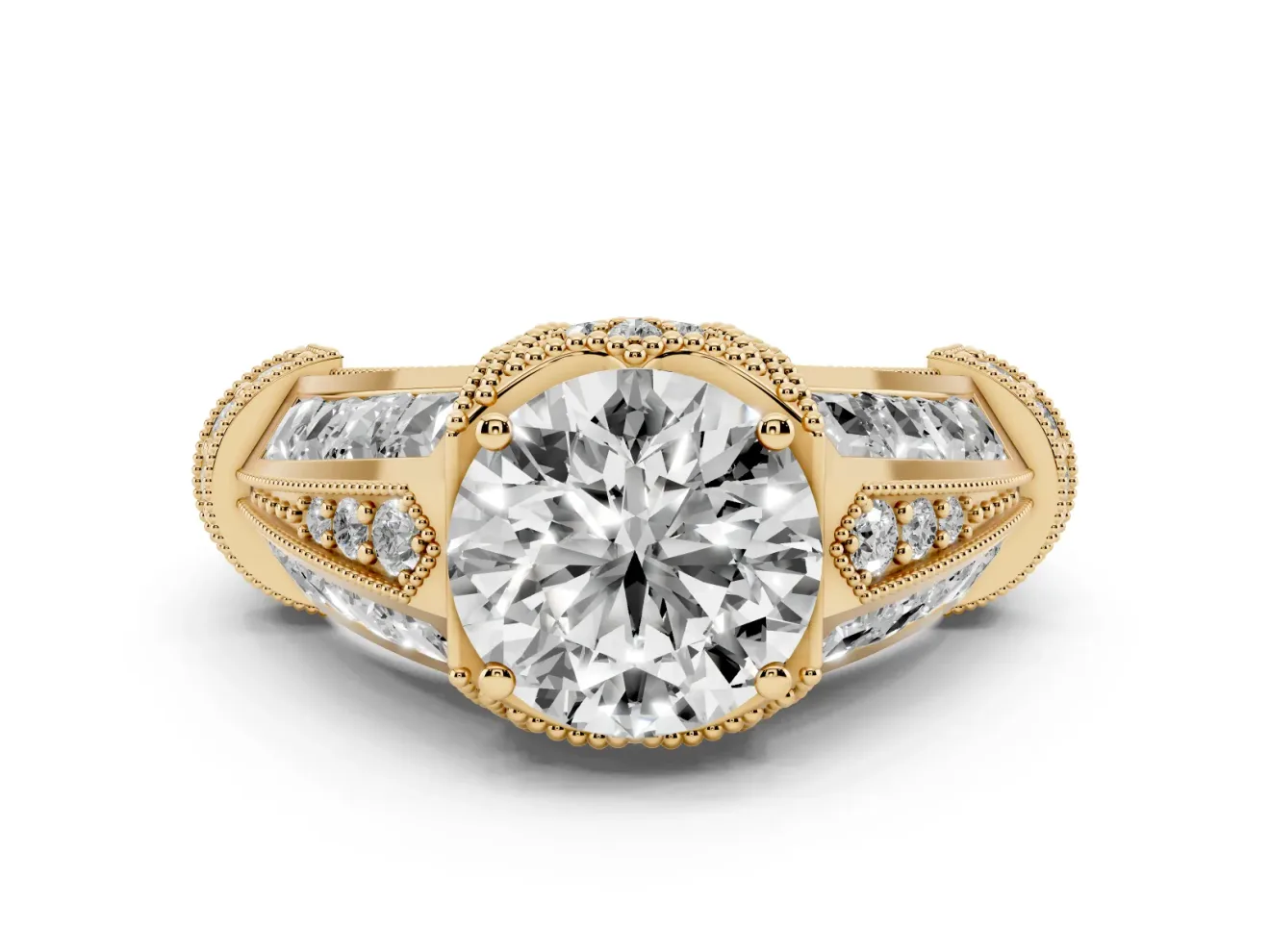 Round Cut Diamond Vintage-Inspired Milgrain Ring Set in Yellow gold with Accent Split Shank
