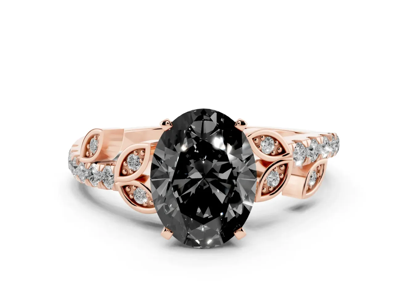 Fancy Black Oval Cut Diamond Solitaire Leaf-Inspired Ring Set in Rose gold with Pavé Band and Prong Setting