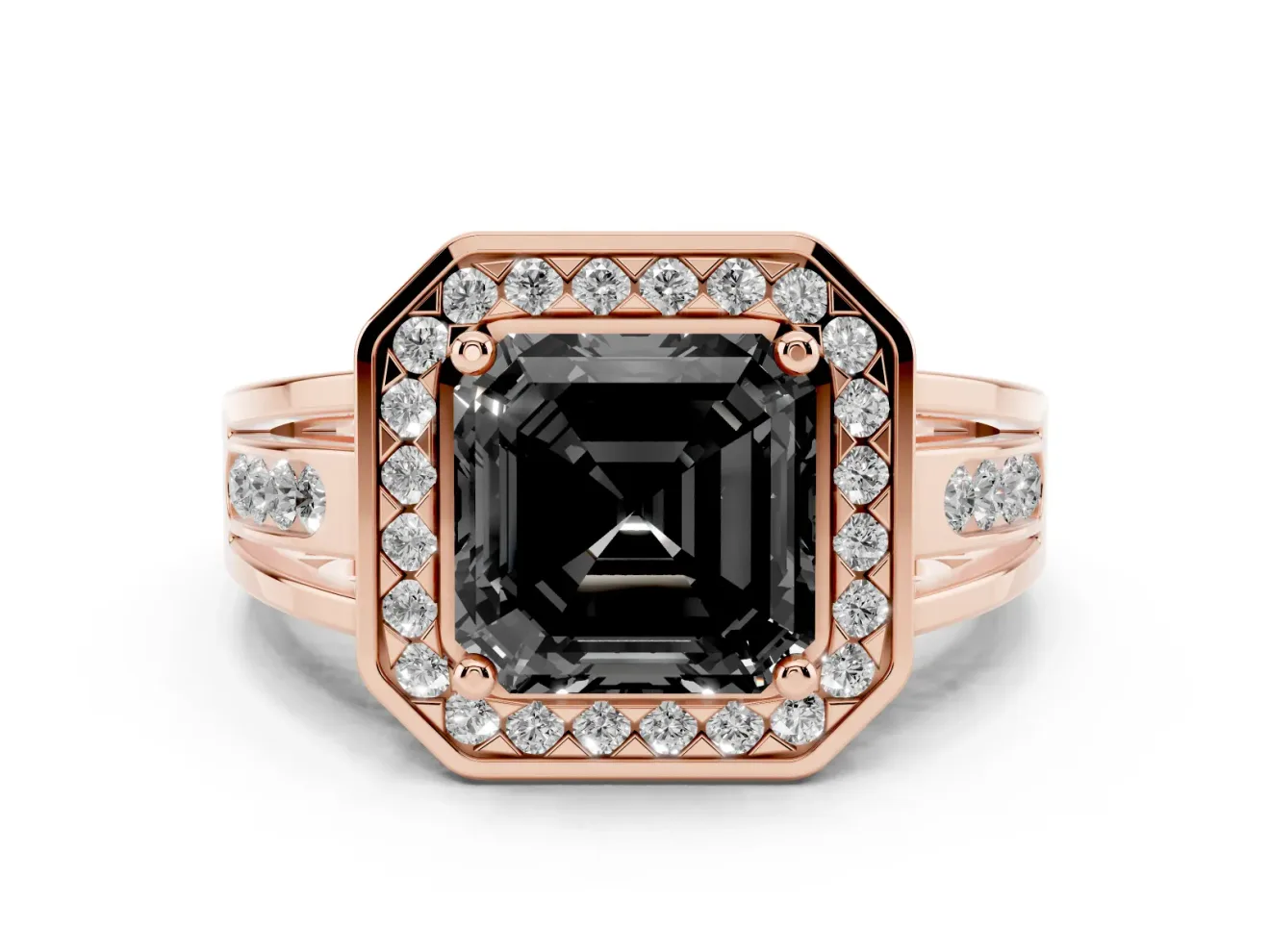 Asscher Cut Halo Engagement Ring Setting for a Black Center | Channel-Set Split Shank | Rose Gold