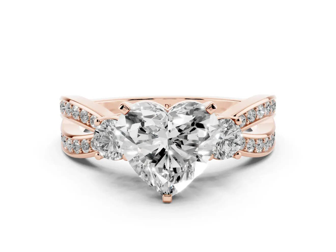 Three-Stone Heart Cut Diamond Twist Band Ring Set in Rose gold with Pavé Accents and Prong Setting