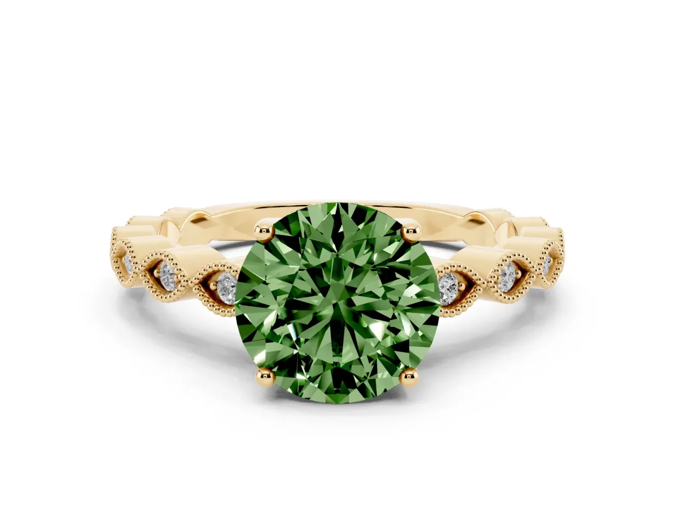 Round Milgrain Solitaire Engagement Ring Setting for a Fancy Green Lab-Grown Diamond | Yellow Gold
