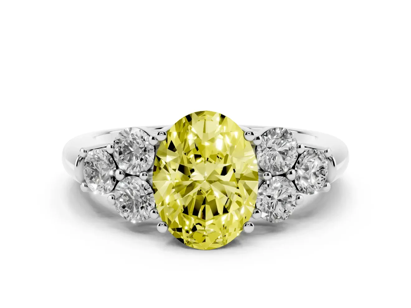 Fancy Yellow Oval Cut Diamond Cluster Ring Set in White gold with Round Accent Stones and Prong Setting on a Plain Band