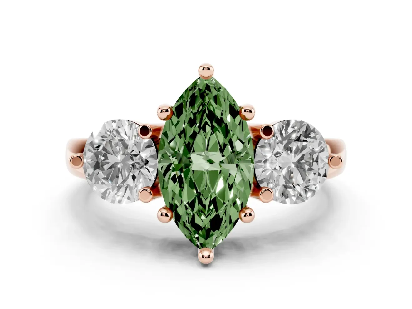 Fancy Green Marquise Cut Diamond Three-Stone Ring Set in Rose gold with Prong Setting and Classic Band