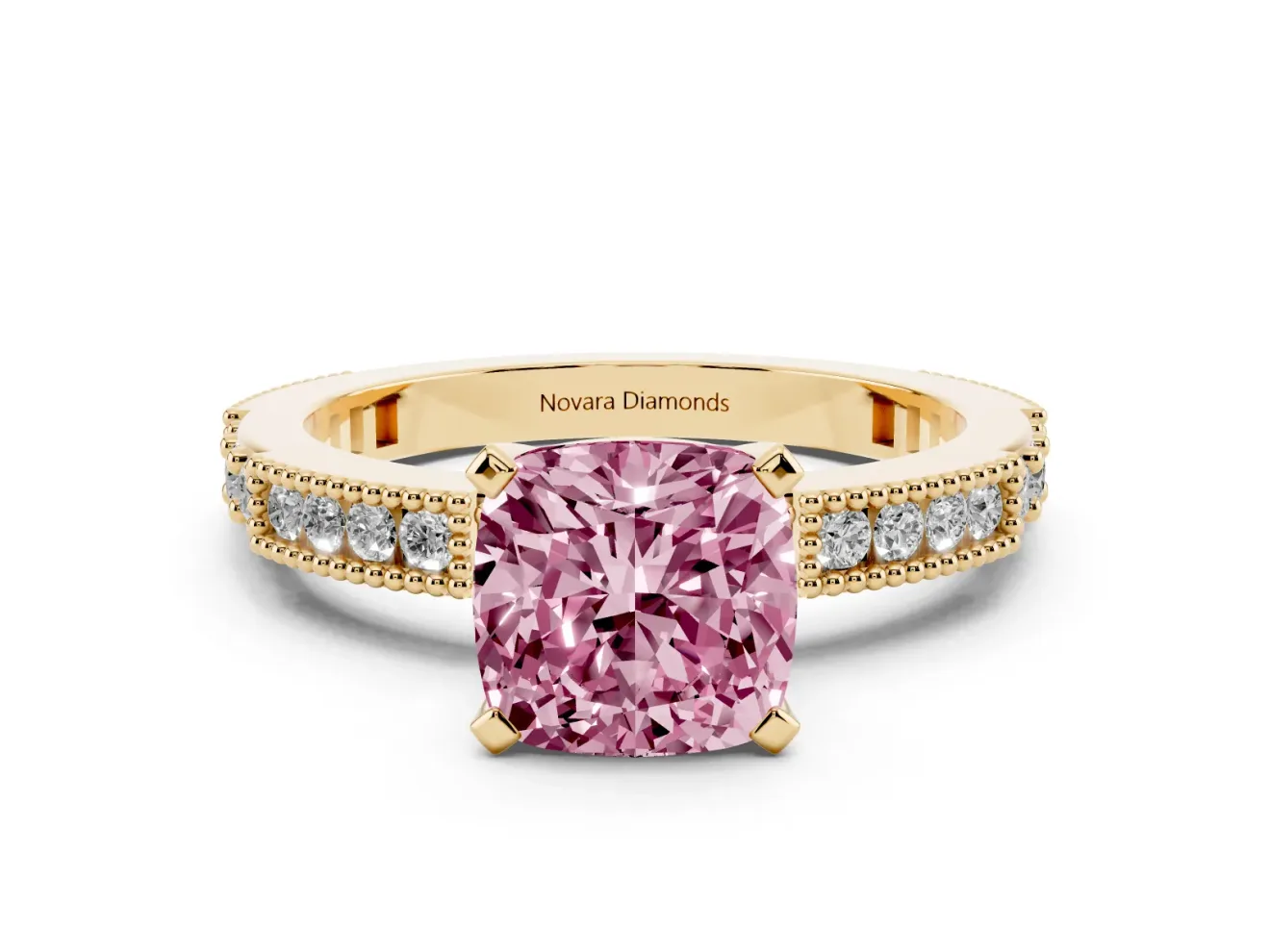Fancy Pink Cushion Cut Diamond Solitaire Ring Set in Yellow gold with Slim Pavé Band and Prong Setting
