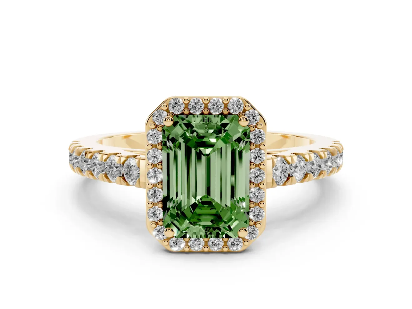 Emerald Cut Halo Pavé Engagement Ring Setting for a Fancy Green Lab-Grown Diamond | Yellow Gold
