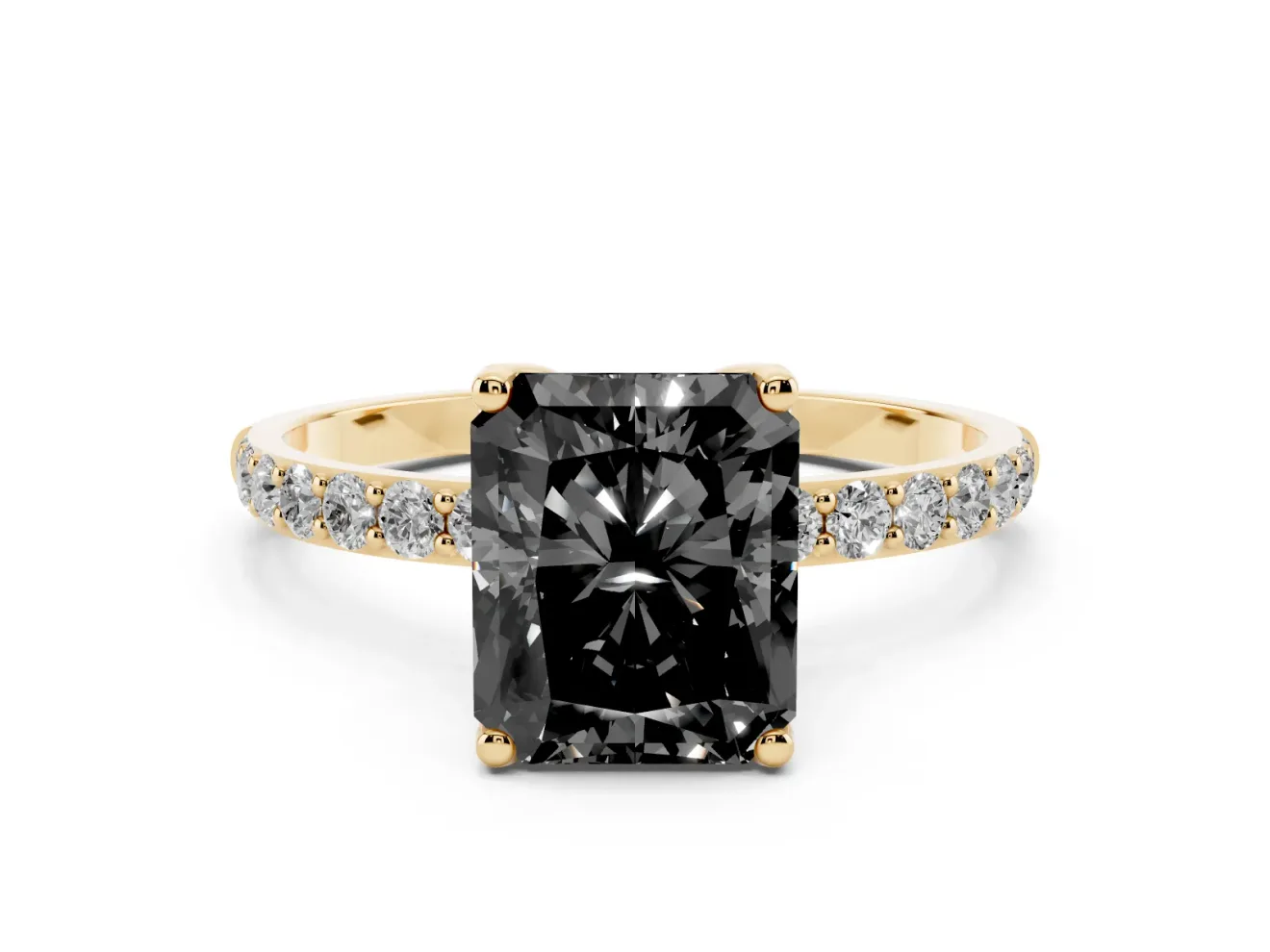 Radiant Cut Pavé Solitaire Engagement Ring Setting for a Black Center | Slim Band | Yellow Gold