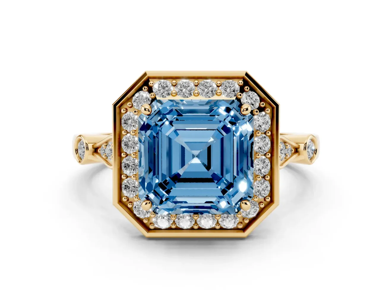 Asscher Cut Halo Engagement Ring Setting for a Fancy Blue Lab-Grown Diamond | Bezel Station Shoulders | Yellow Gold