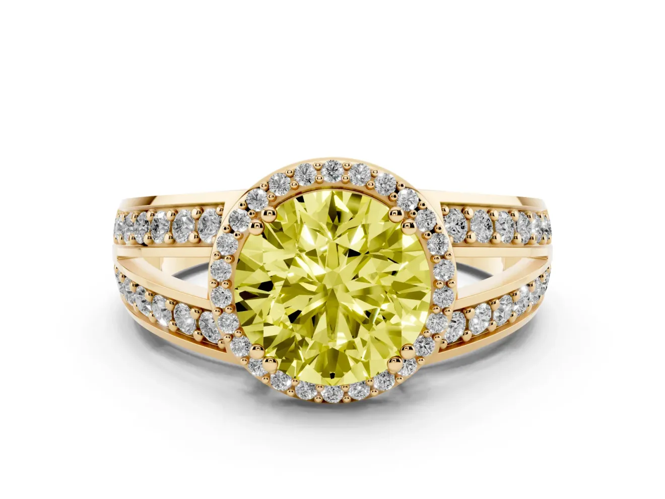 Round Halo Engagement Ring Setting for a Fancy Yellow Lab-Grown Diamond | Split Shank | Yellow Gold