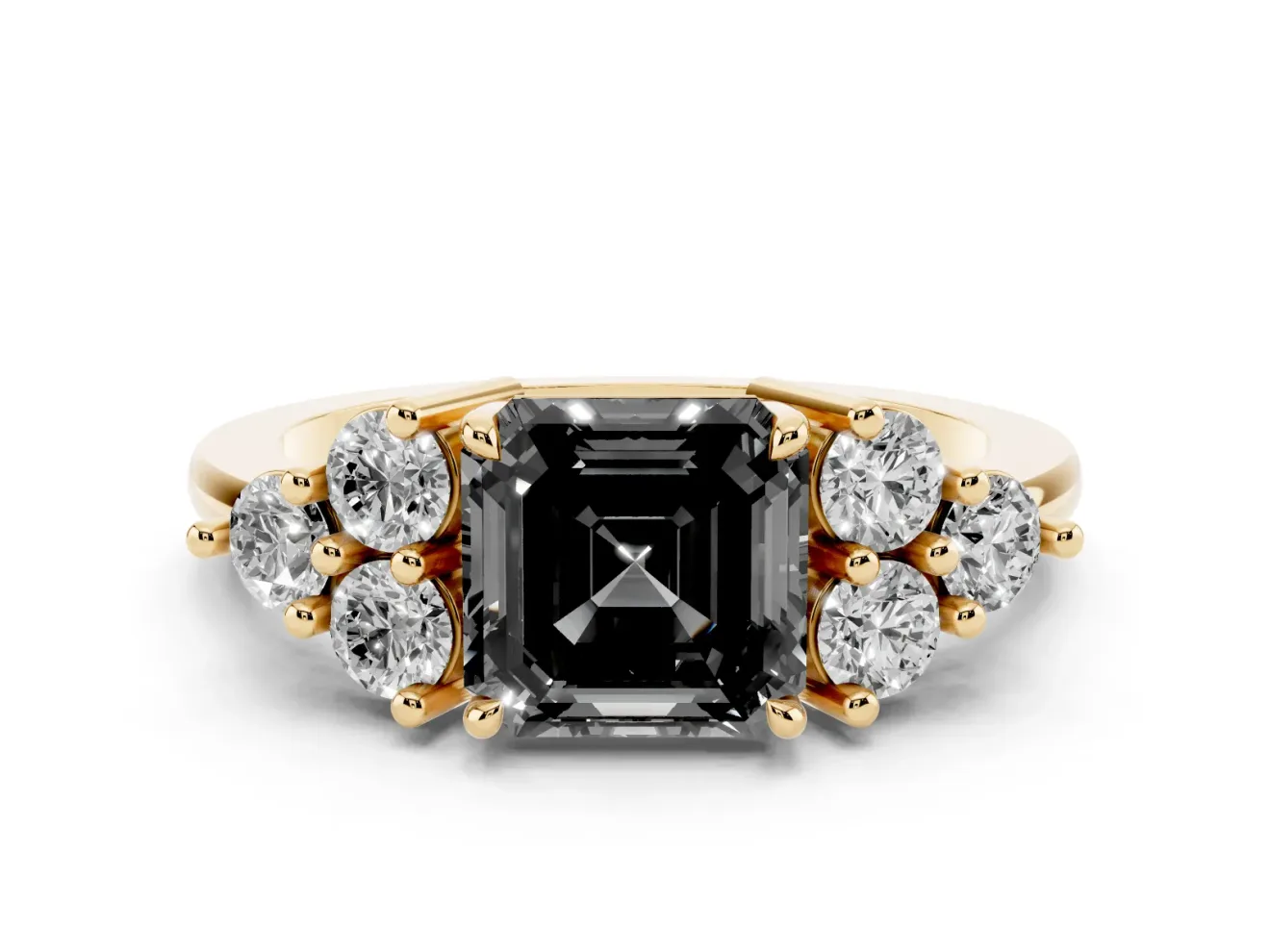 Fancy Black Asscher Cut Diamond Solitaire Ring Set in Yellow gold with Cluster Accents on Each Side