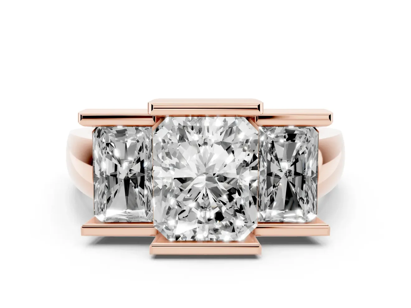 Radiant Cut Channel-Set Three Stone Engagement Ring Setting | Wide Flat Band | Rose Gold