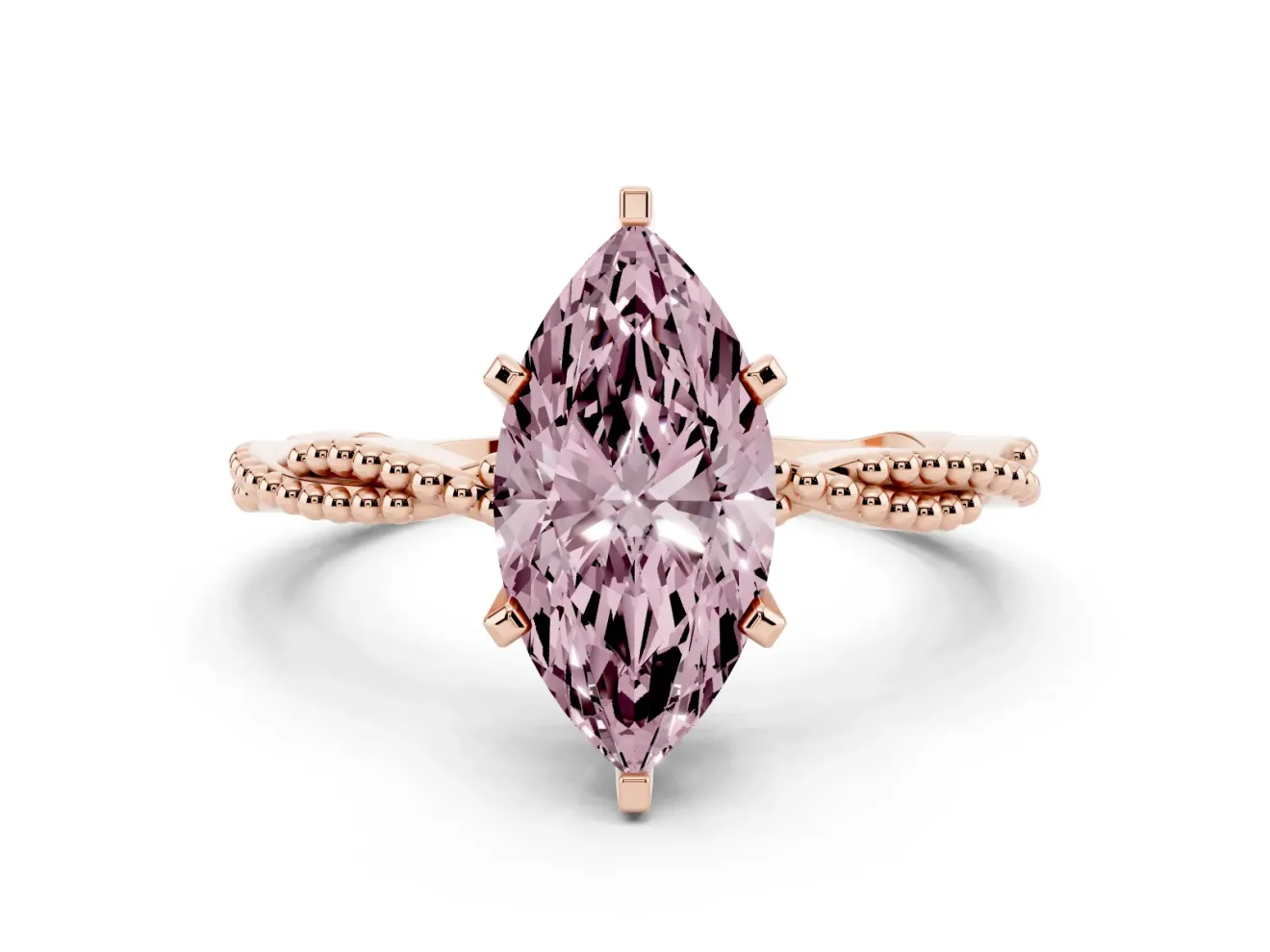 Fancy Pink Marquise Cut Diamond Solitaire Ring Set in Rose gold with Twisted Band and Bead Prong Setting