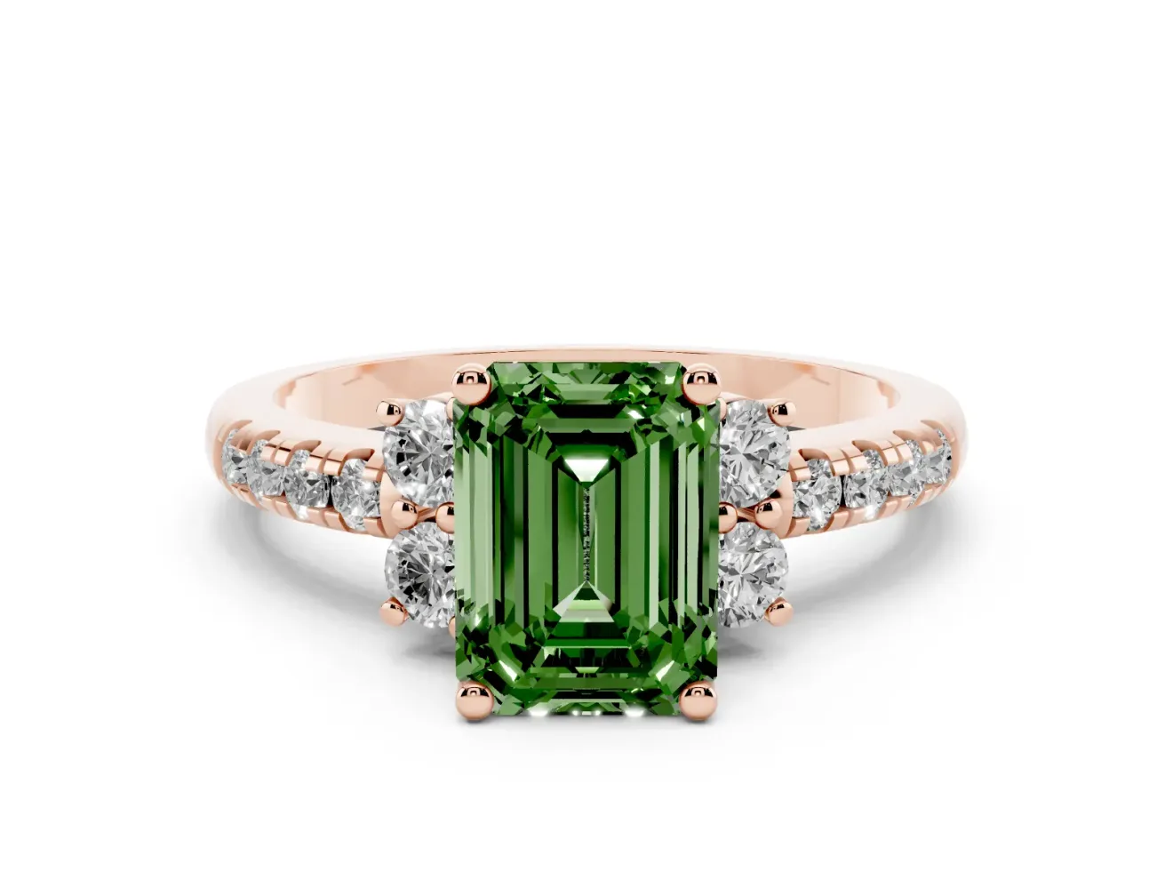 Emerald Cut Side Stone Engagement Ring Setting for a Fancy Green Lab-Grown Diamond | Pave Band | Rose Gold