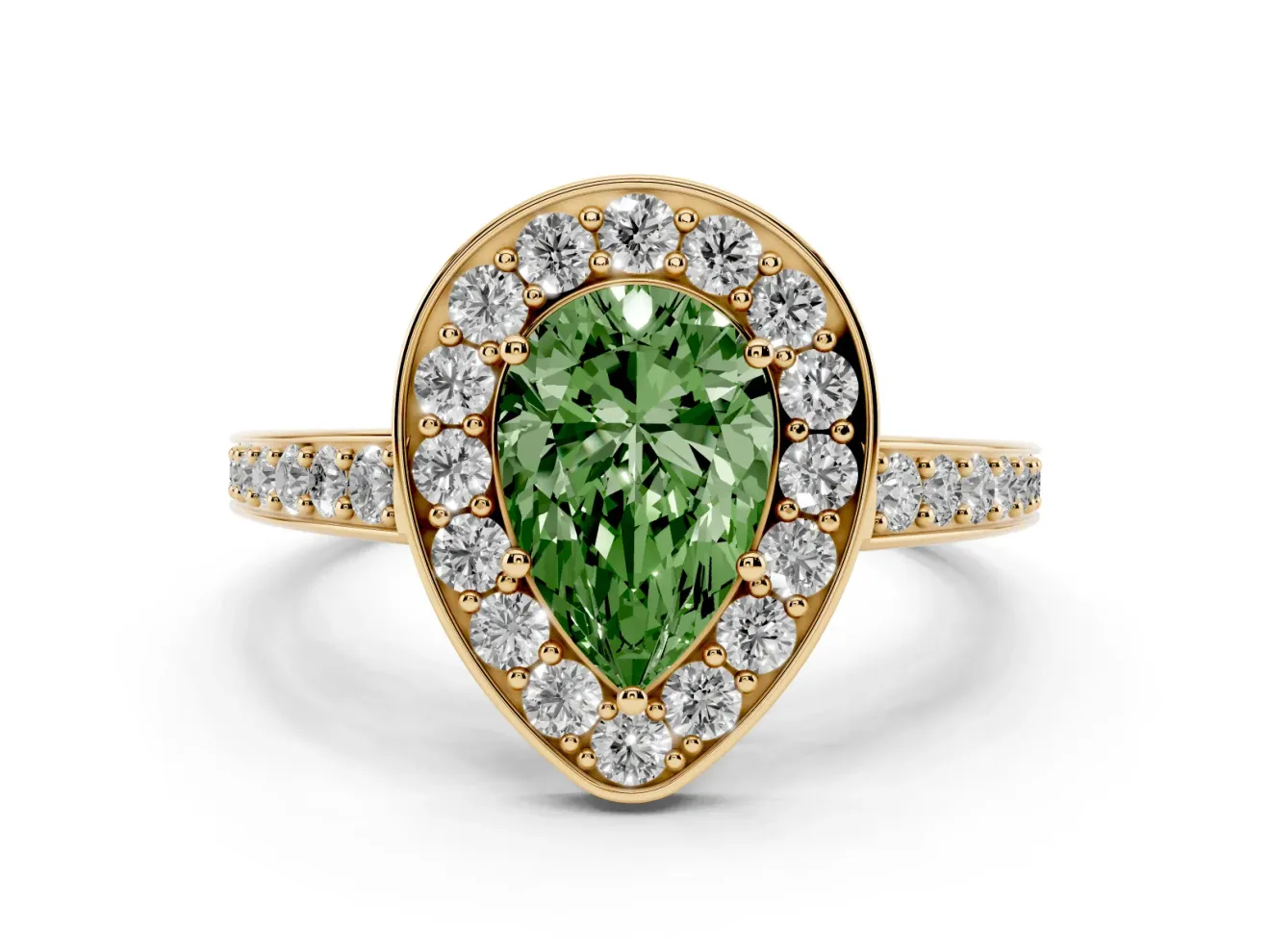 Fancy Green Pear Cut Diamond Halo Pavé Engagement Ring Set in Yellow gold with Bezel Setting