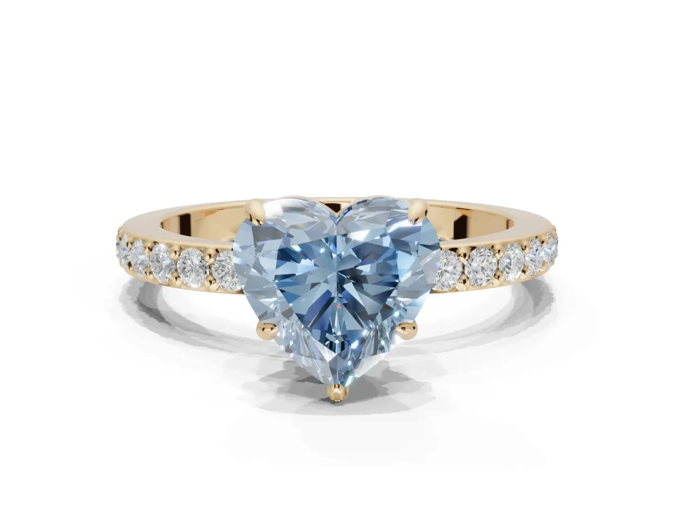 Heart-Shaped Hidden Halo Engagement Ring Setting for a Fancy Blue Lab-Grown Diamond | Pavé Band | Yellow Gold