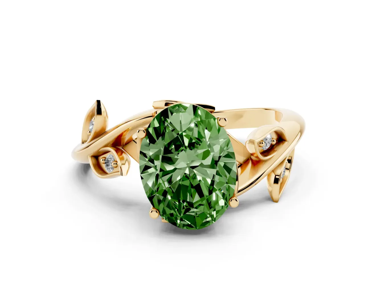 Fancy Green Oval Cut Diamond Solitaire Twist Engagement Ring Set in Yellow gold with Pavé Leaf Accents