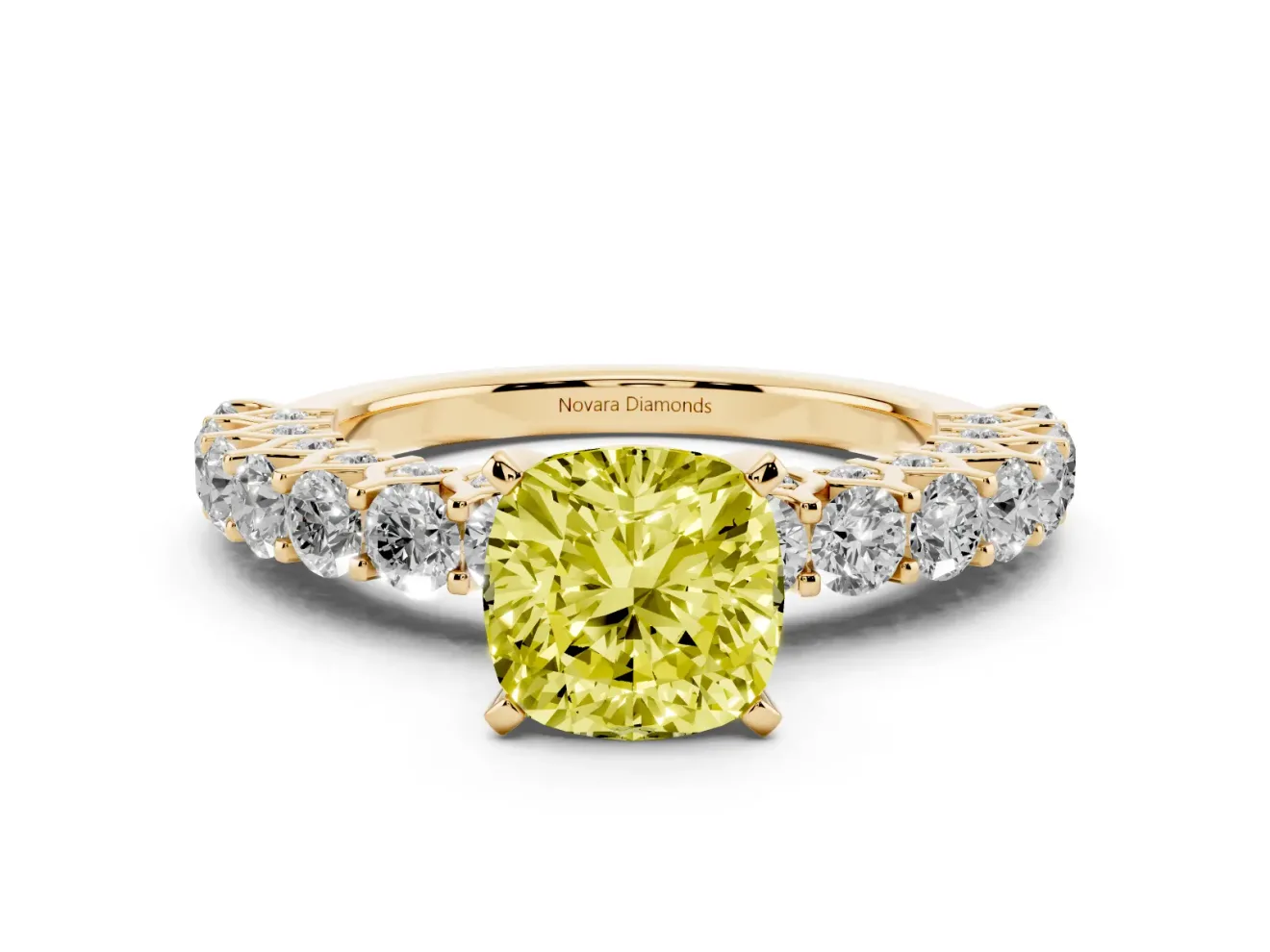 Cushion Cut Shared Prong Engagement Ring Setting for a Fancy Yellow Lab-Grown Diamond | Yellow Gold