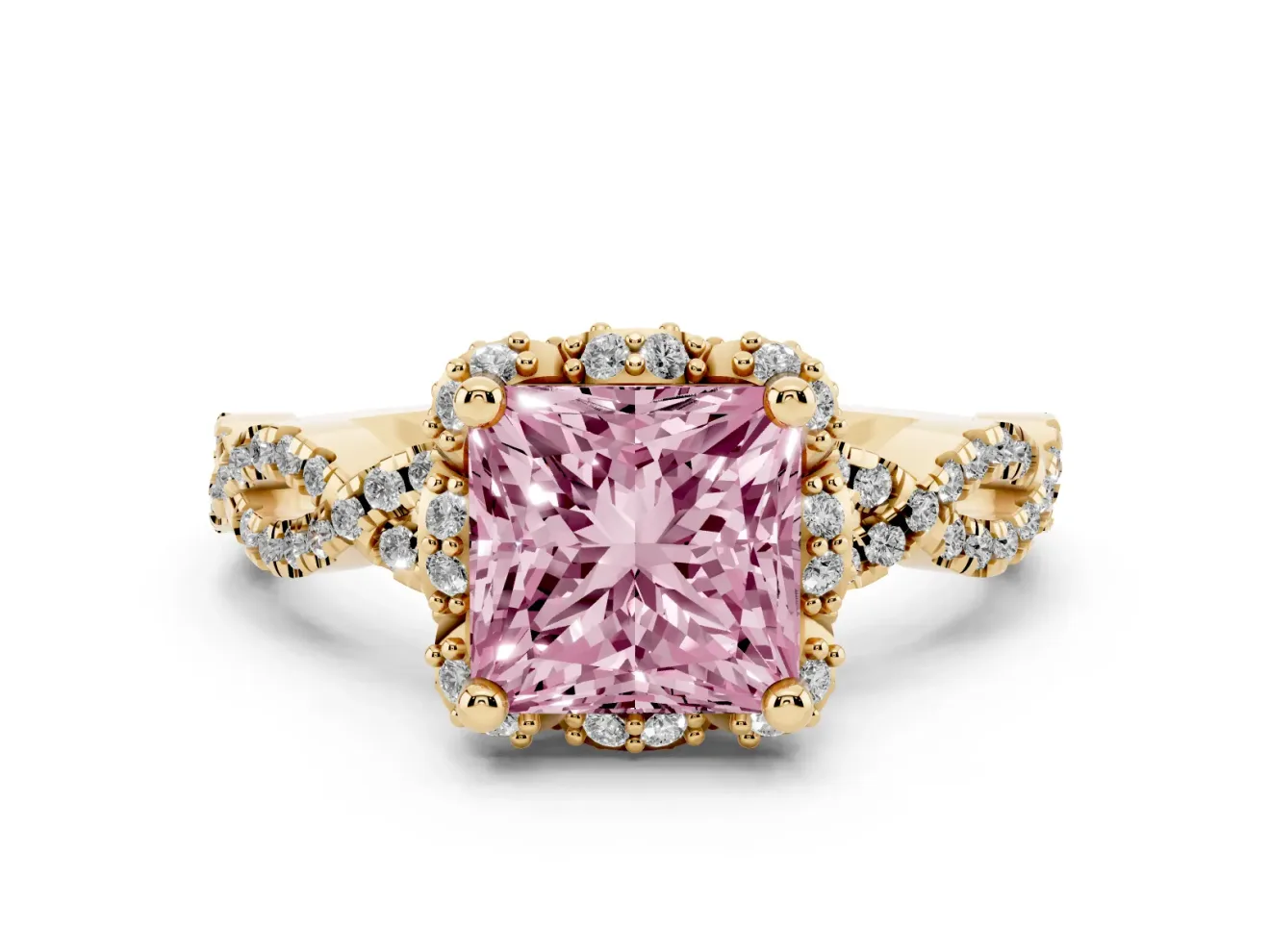Princess Cut Halo Engagement Ring Setting for a Fancy Pink Lab-Grown Diamond | Yellow Gold - Design NV-24725