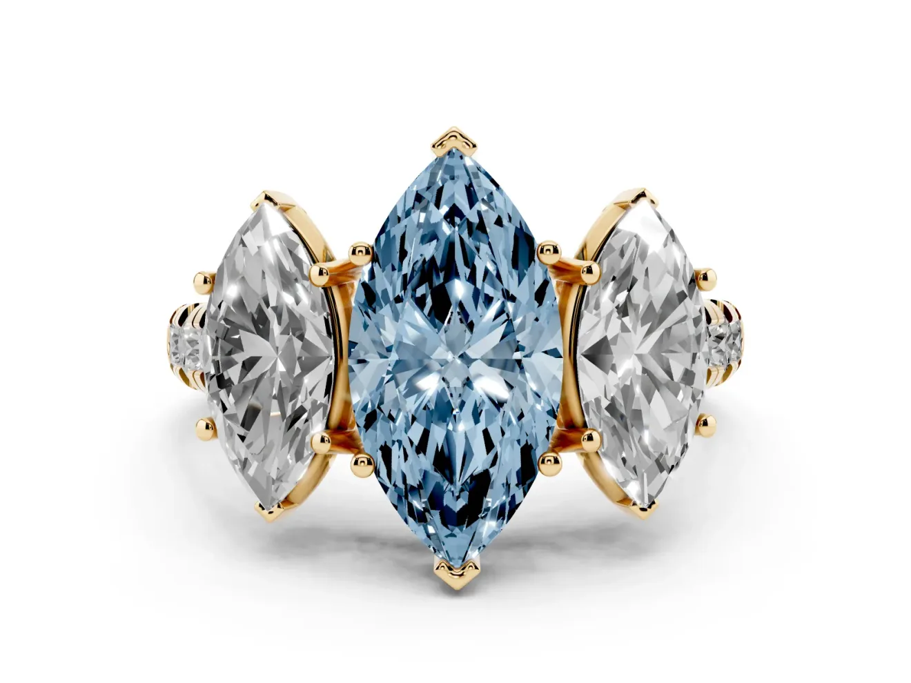 Marquise Three Stone Engagement Ring Setting for a Fancy Blue Lab-Grown Diamond | Accented Shoulders | Yellow Gold