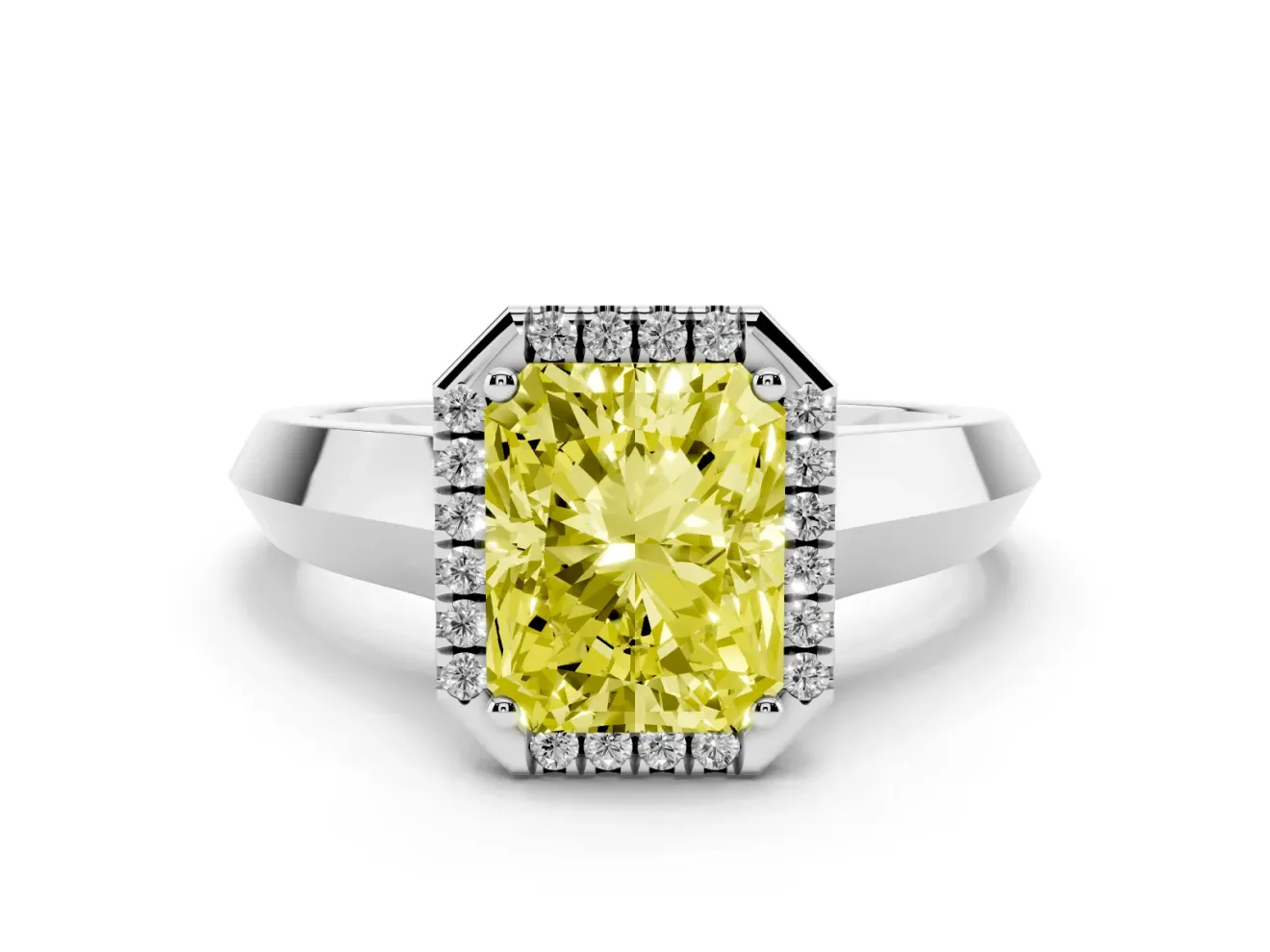 Fancy Yellow Radiant Cut Diamond Halo Ring Set in Silver with Cathedral Band and Prong Setting