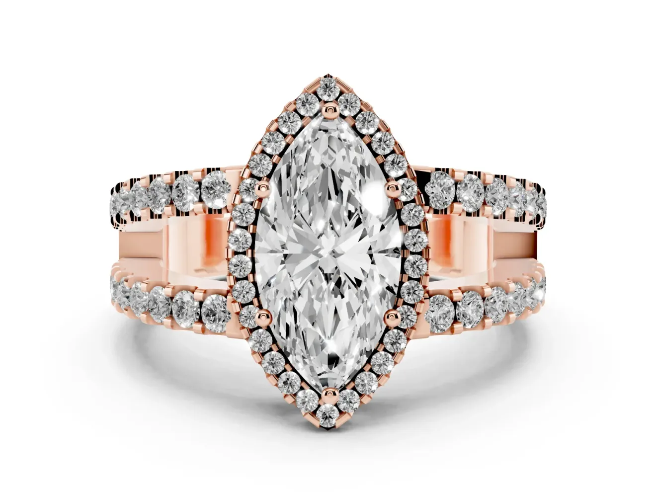 Marquise Halo Split Shank Engagement Ring Setting | Pavé Strands | Rose Gold
