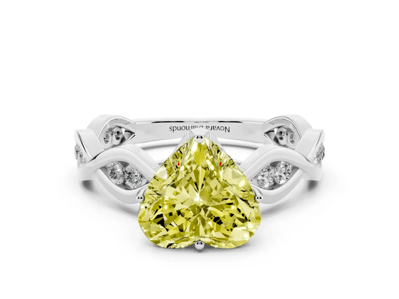 Fancy Yellow Heart Cut Diamond Twist Band Solitaire Ring Set in Platinum with Leaf Prong Setting and Accent Stones