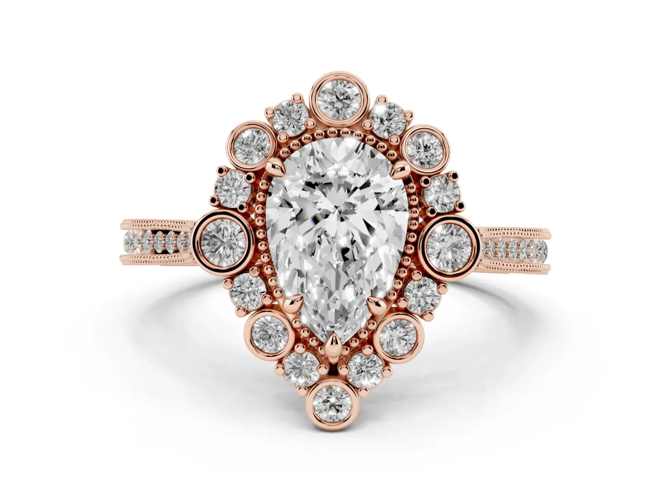 Pear-Shaped Vintage Scalloped Halo Engagement Ring Setting | Milgrain Pavé Band | Rose Gold