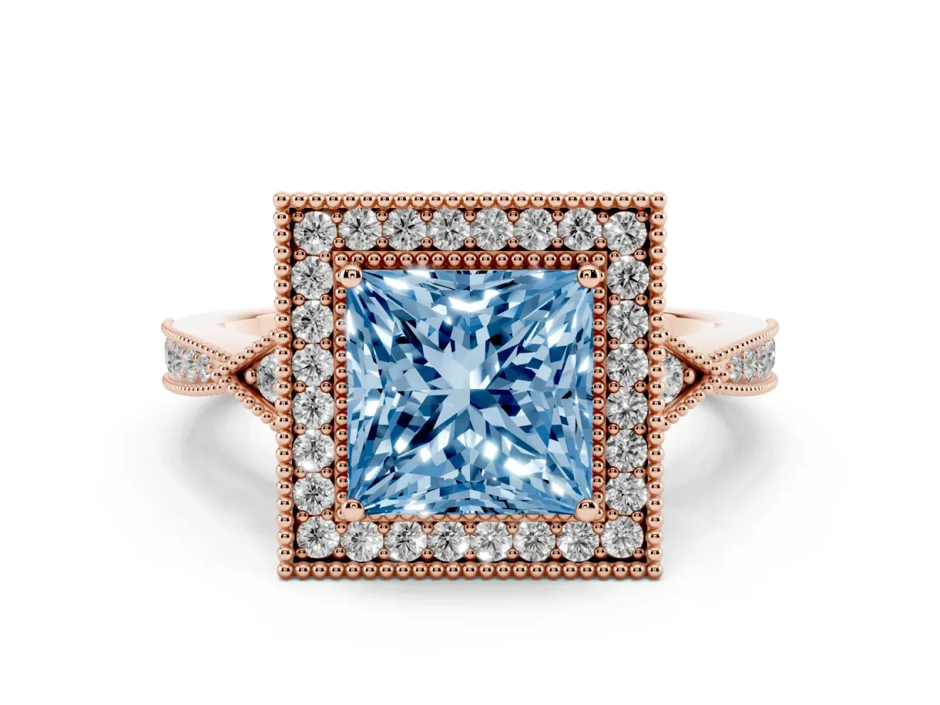 Princess Cut Milgrain Halo Engagement Ring Setting for a Fancy Blue Lab-Grown Diamond | Graduated Pavé | Rose Gold