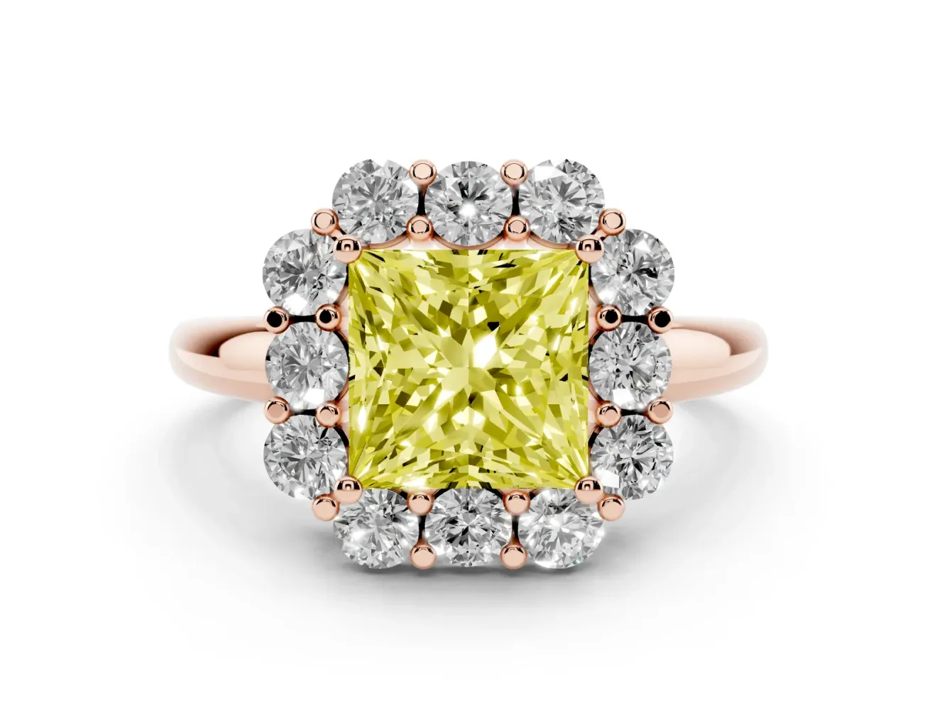 Princess Cut Graduated Milgrain Halo Engagement Ring Setting for a Fancy Yellow Lab-Grown Diamond | Rose Gold