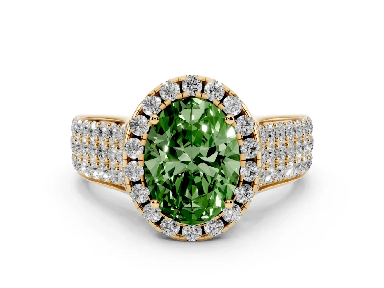 Fancy Green Oval Cut Diamond Halo Ring Set in Yellow gold with Pavé Band and Raised Center Setting