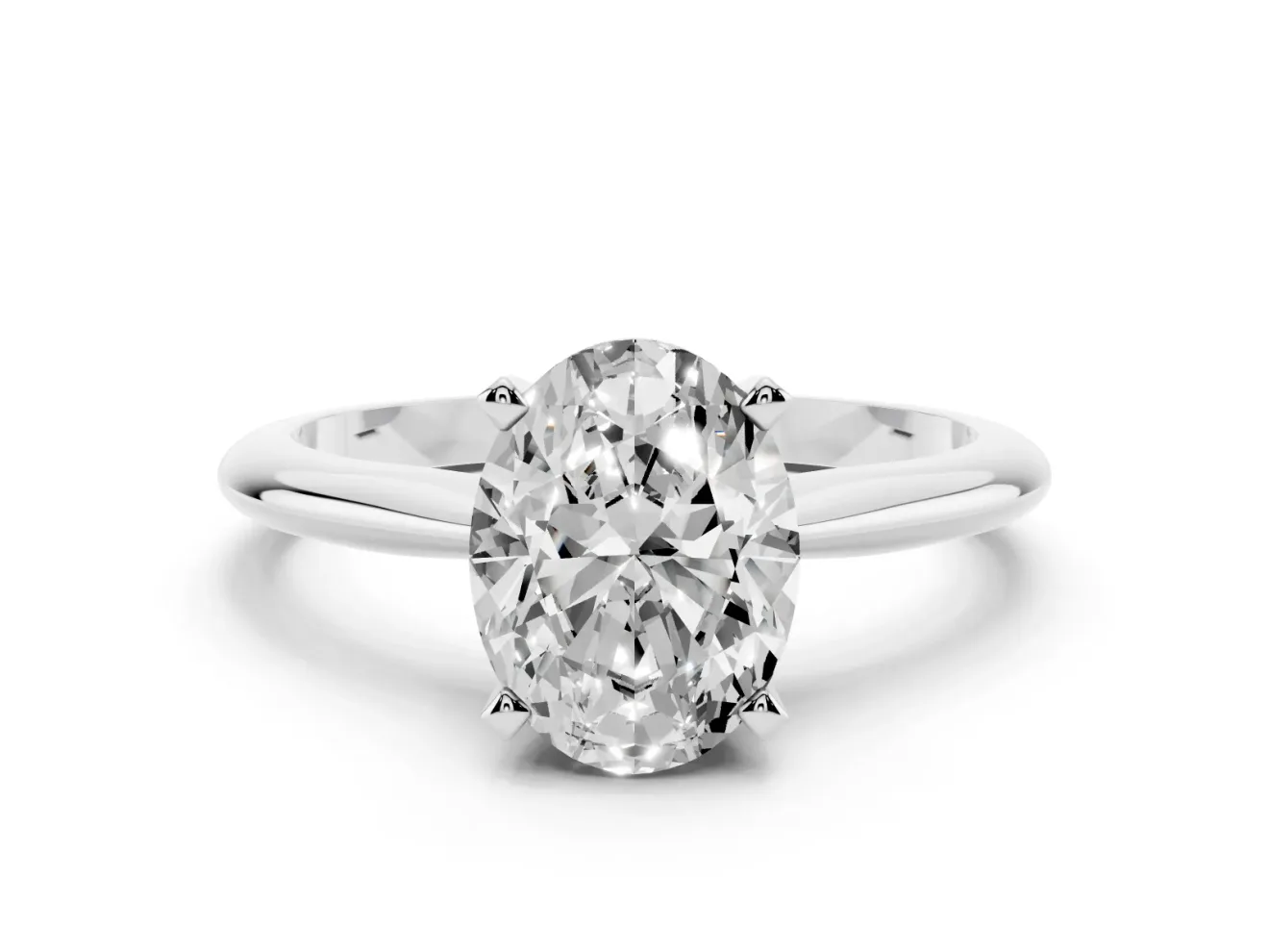 Oval Cut Diamond Solitaire Ring Set in White gold with Prong Setting on a Plain Round Band