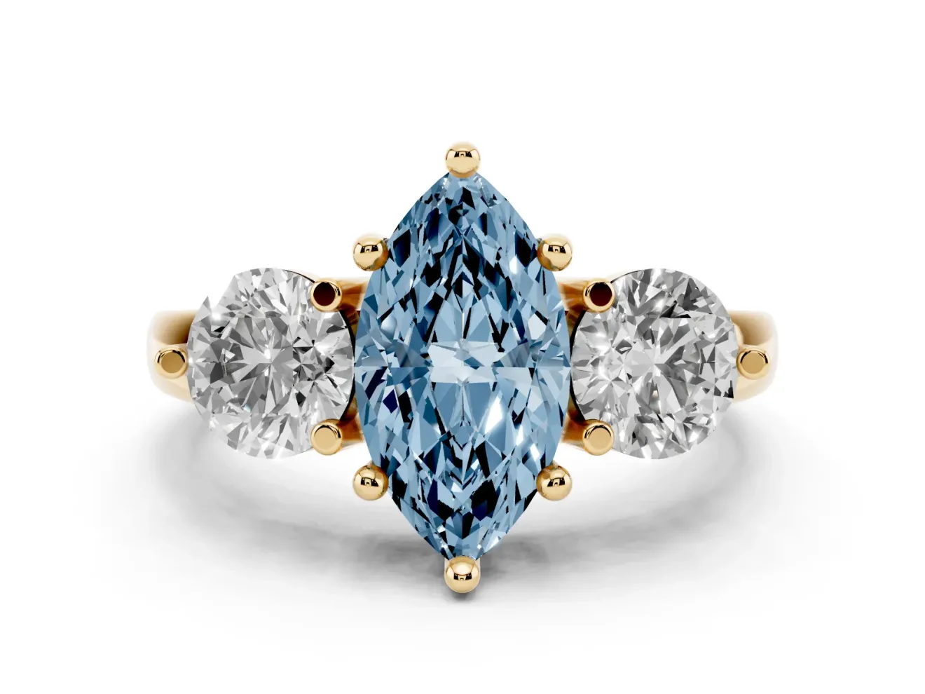 Fancy Blue Marquise Cut Diamond Three-Stone Ring Set in Yellow gold with Prong Setting and Classic Band