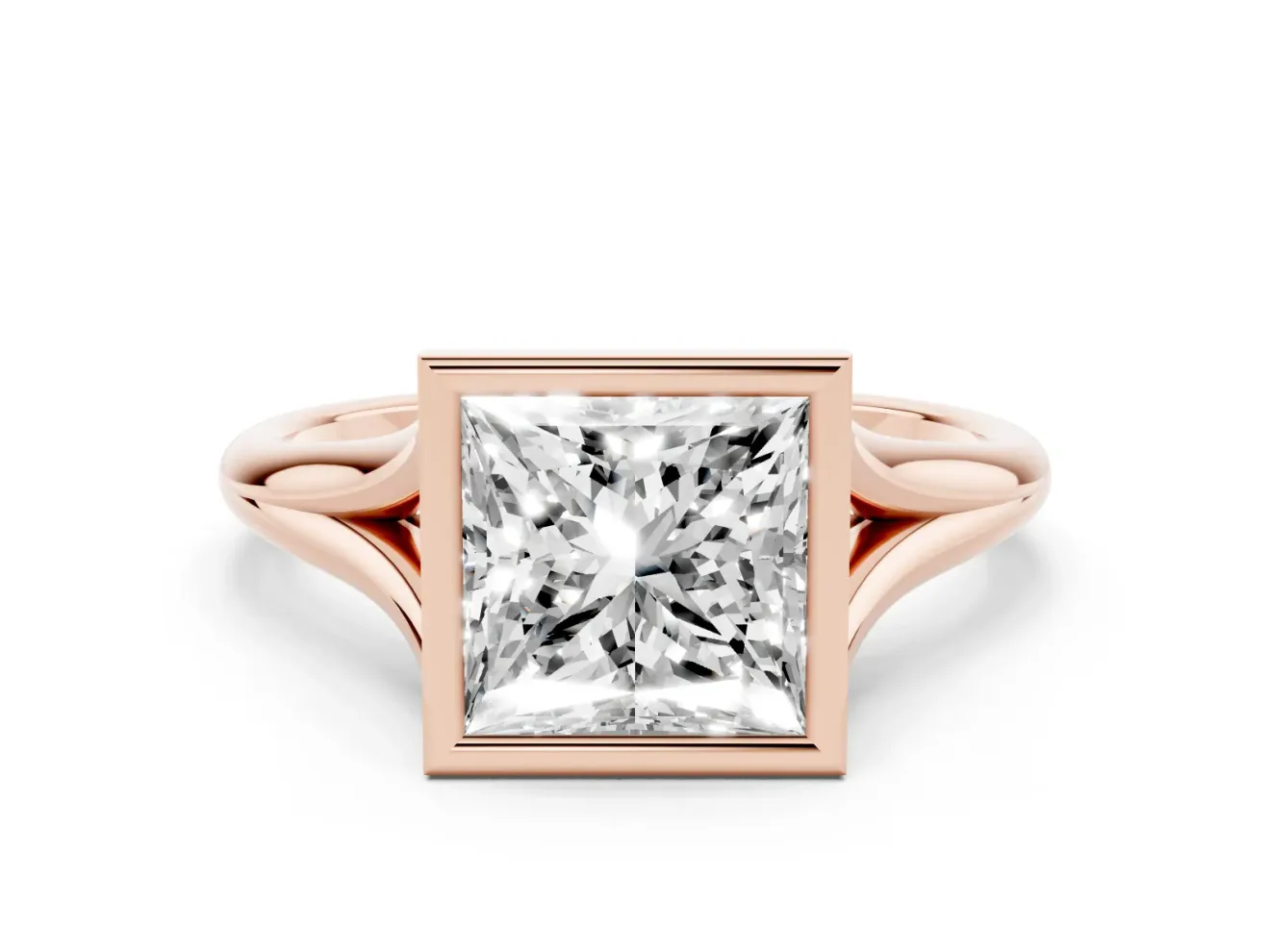Bezel Set Princess Cut Diamond Solitaire Ring Set in Rose gold with Tapered Band