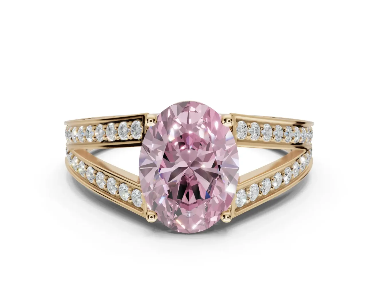 Oval Split Shank Pavé Engagement Ring Setting for a Fancy Pink Lab-Grown Diamond | Yellow Gold