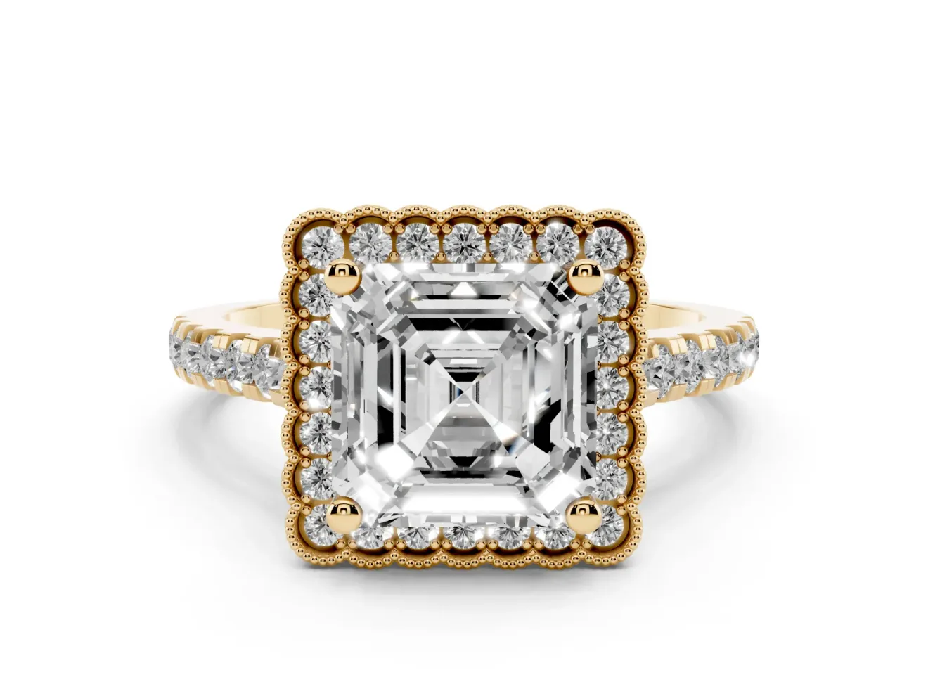 Asscher Cut Vintage Milgrain Floral Halo Engagement Ring Setting | Pavé Band | Yellow Gold