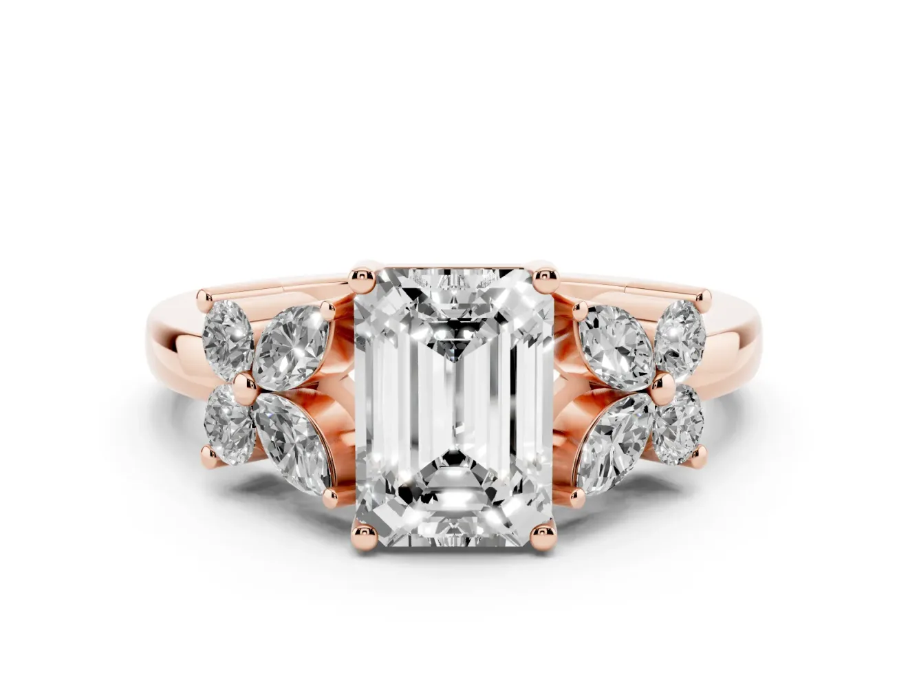 Emerald Cut Diamond Floral Cluster Ring Set in Rose gold with Marquise Petals and Prong Setting