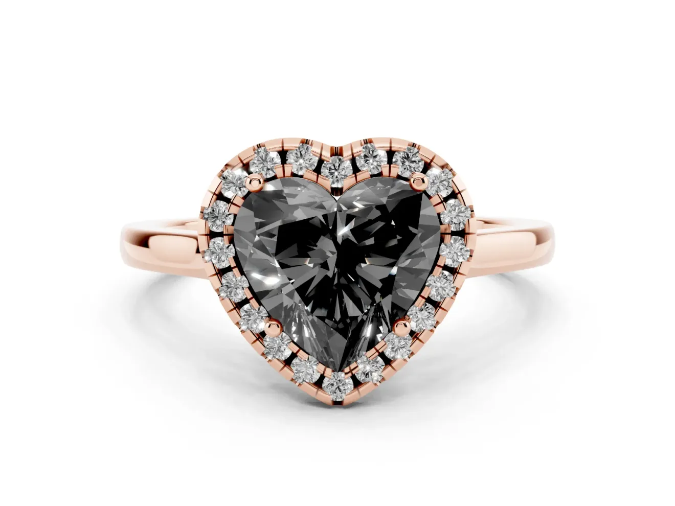 Fancy Black Heart Cut Halo Round Diamond Solitaire Ring Set in Rose gold with Pavé Band and Prong Setting