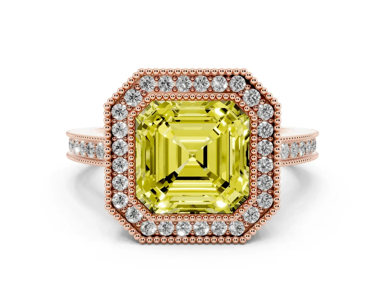 Fancy Yellow Asscher Cut Diamond Halo Ring Set in Rose gold with Pavé Band and Milgrain-Edged Prongs