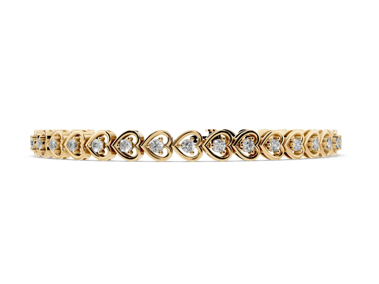 Round Lab-Grown Diamond Heart Link Tennis Bracelet | Double Outline | Yellow Gold