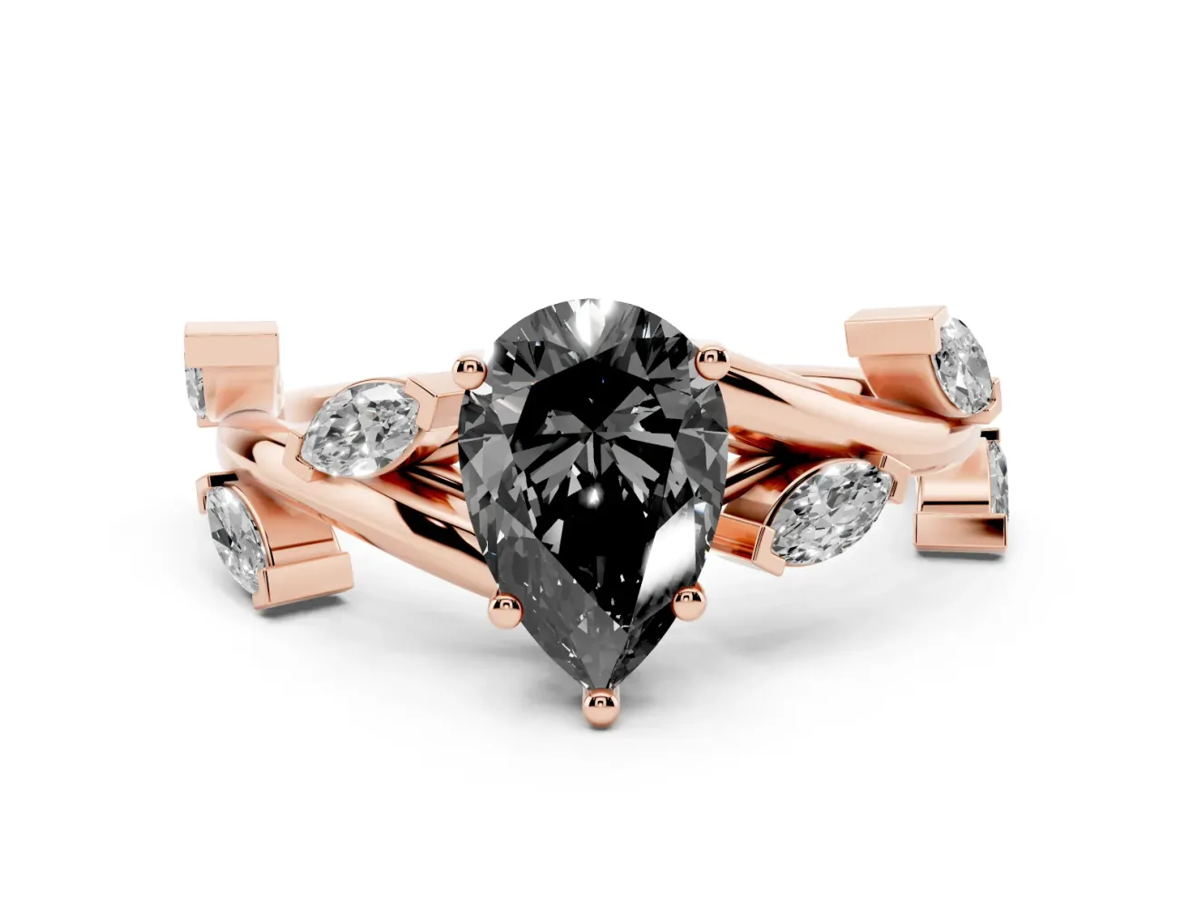 Pear-Shaped Twisted Vine Engagement Ring Setting for a Black Center | Marquise Leaves | Rose Gold