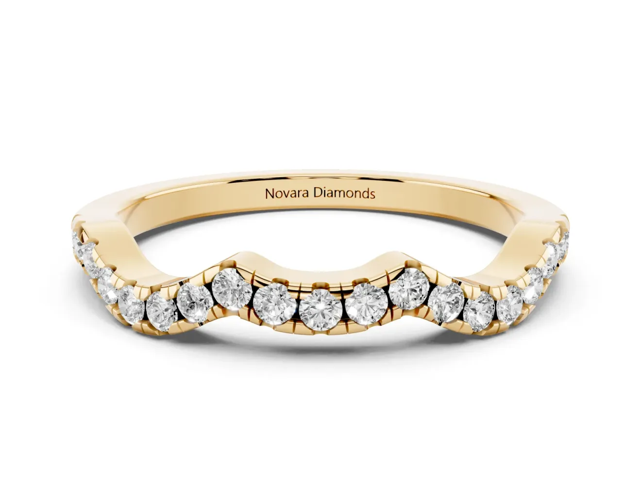 Round Lab-Grown Diamond Double Dip Curved Pavé Wedding Band | Scalloped Top | Yellow Gold